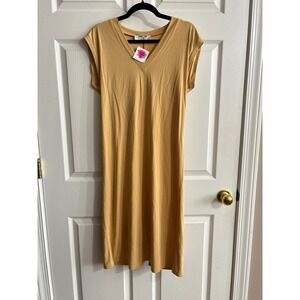 DOUBLE ZERO Butter V Neck Short Sleeve Midi Dress Small Mustard Yellow